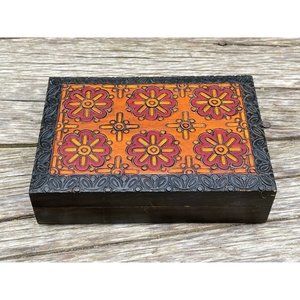 Vintage 1980s Carved Wood Medallions Trinket jewelry box Boho
